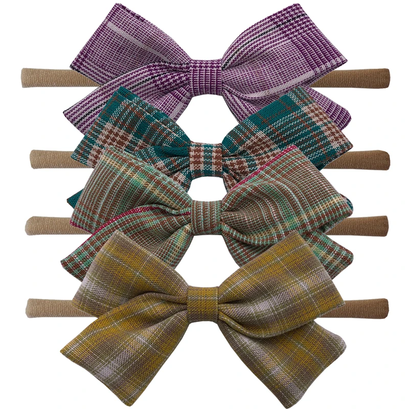 Vintage Plaid Sets-2 4 шт. хлопчатобумажные тканевые банты, повязки на голову, бант для волос, эластичные резинки для волос, завязанные ободки для волос с бантиками, милые детские головные уборы для девочек, аксессуары для волос - Цвет: Vintage Plaid Sets-2
