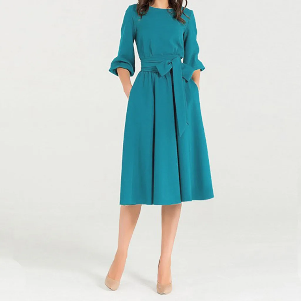 Винтаж Для женщин модные однотонные с поясом летнее платье коротким рукавом