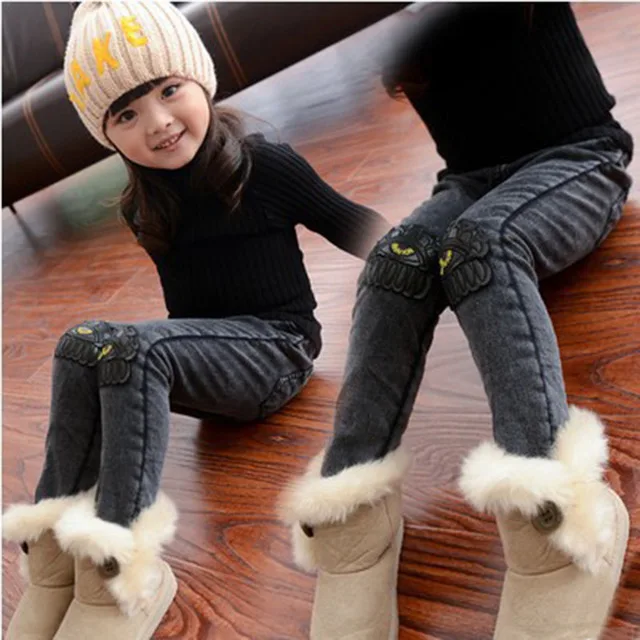 Одежда для детей зимние джинсы брюки девочек потертые длинные из плотной ткани