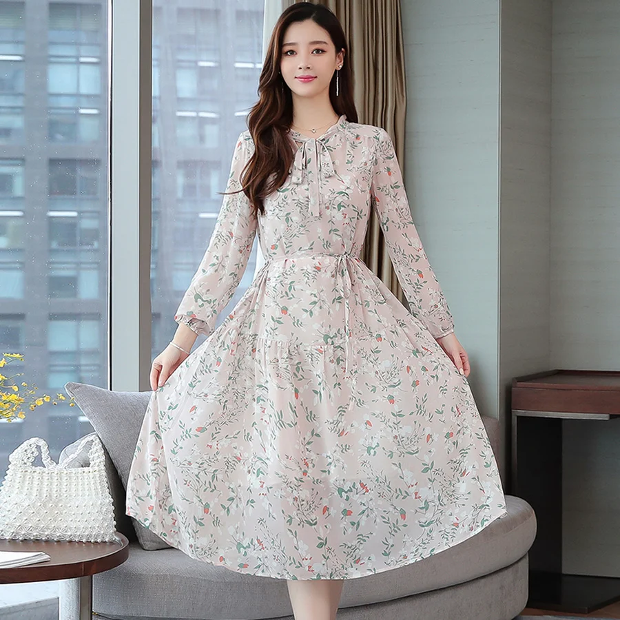 2019 шифоновое Цветочное платье с длинным рукавом Осеннее Новое Женское тонкое