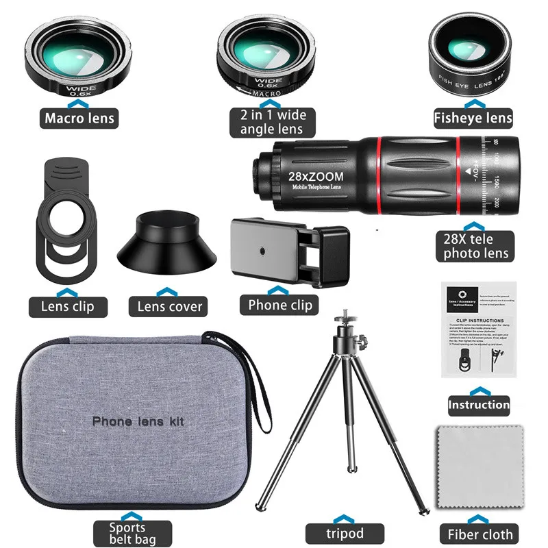 

Phone 28X Telephoto Lens Telescope Wide Angle Macro Fisheye Lens for Iphone Samsung HD External Suit Smartphone Camera Lense