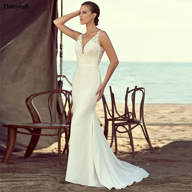 

Thinyfull Mermaid Beach Wedding Dresses Lace Satin Bohemian Bridal Gowns V-Neck Backless Simple Country Bride Dress For Women