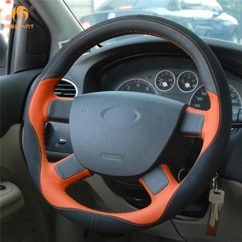 Черно-оранжевая кожаная замшевая обивка рулевого колеса для автомобиля Ford Focus 2 2005-2011.