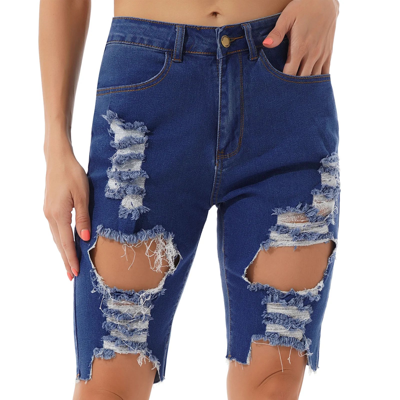

Women Stylish Ripped Denim Shorts Female Cut Out Empire Frayed Raw Hem Distressed Jean Pants Knee Length Jeans y2k Punk Gothic