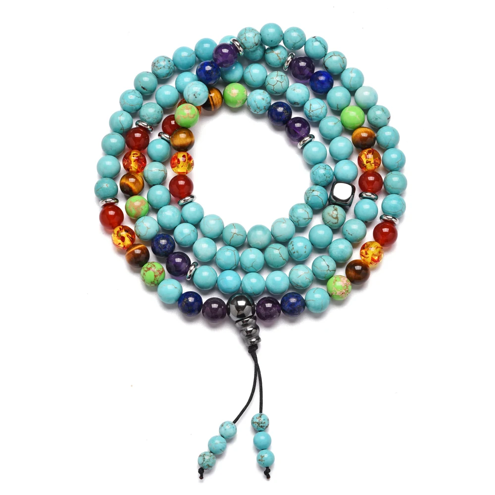 

7 Chakra Yoga Healing Stainless Steel Accessories Hemaitite Natural Stone Pendant Lucky Energy Beads 108 Mala Bracelets