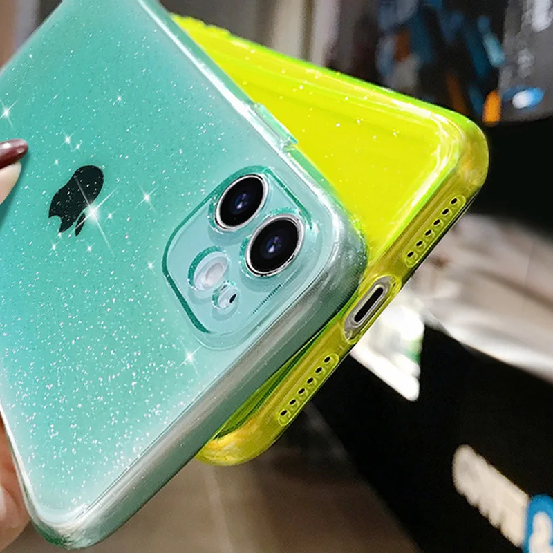 

Fluorescent Glitter Transparent Phone Ultra Thin Soft Case For iPhone 11 Pro Max X Xs XR 7 8 Plus SE 2 2020 Clear TPU Cover Capa