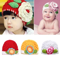 newborn baby knitted hat flower crochet beanie infant autumn winter knitting bonnet photography props picture accessories