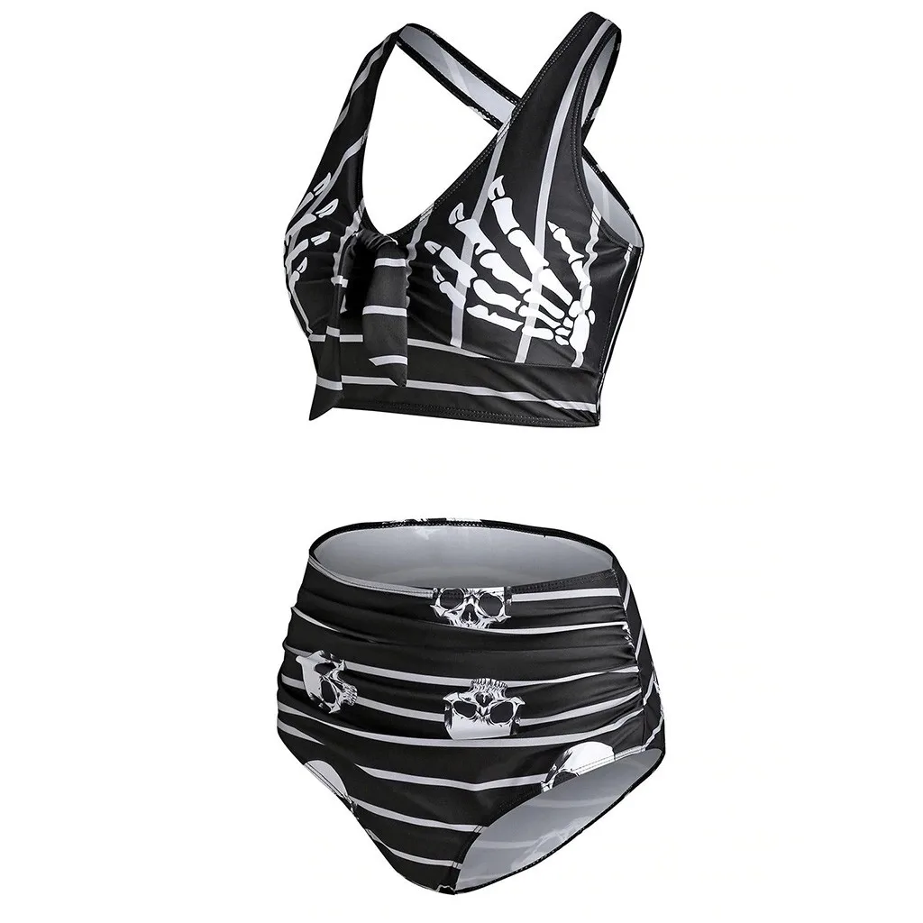 Women Push-up Padded Bikini Set Skull Striped Print Swimsuit Cut Out Tankini Ladies Two Piece Swimming Suit | Женская одежда