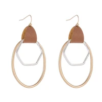 brand jewelry minimalist oval gold metallic circle wire leather dangle drops earrings oval metal wite drops earrings