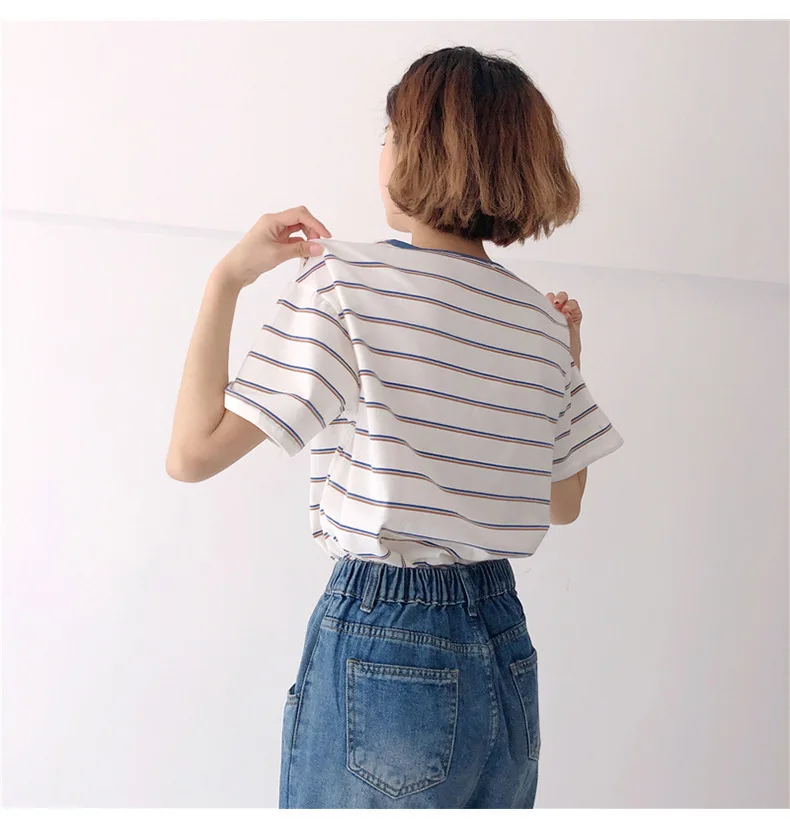 

Summer Short Sleeve Striped T Shirt for Women Ladies Tshirt Korean Style Tee Tops Casual Clothes Clothing Cute Sweet Girl