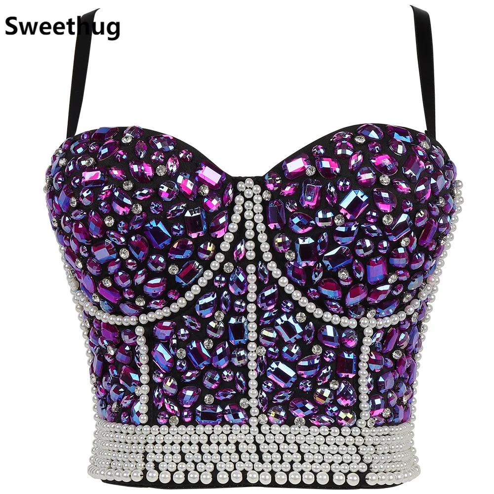 

Shiny Tank Top with Rhinestones Women Colorful Beads Bustier Festival Clothing Femme Y2k E Girl Corset Handmade Crop Tops