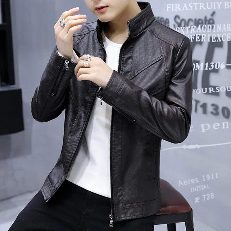 

Men's Smart Casaul Slim Fits Spring Autumn Overcoats Outwear Size M-4XL Fashion Pop Men Stand Collar Faux Leather Jackets Coats
