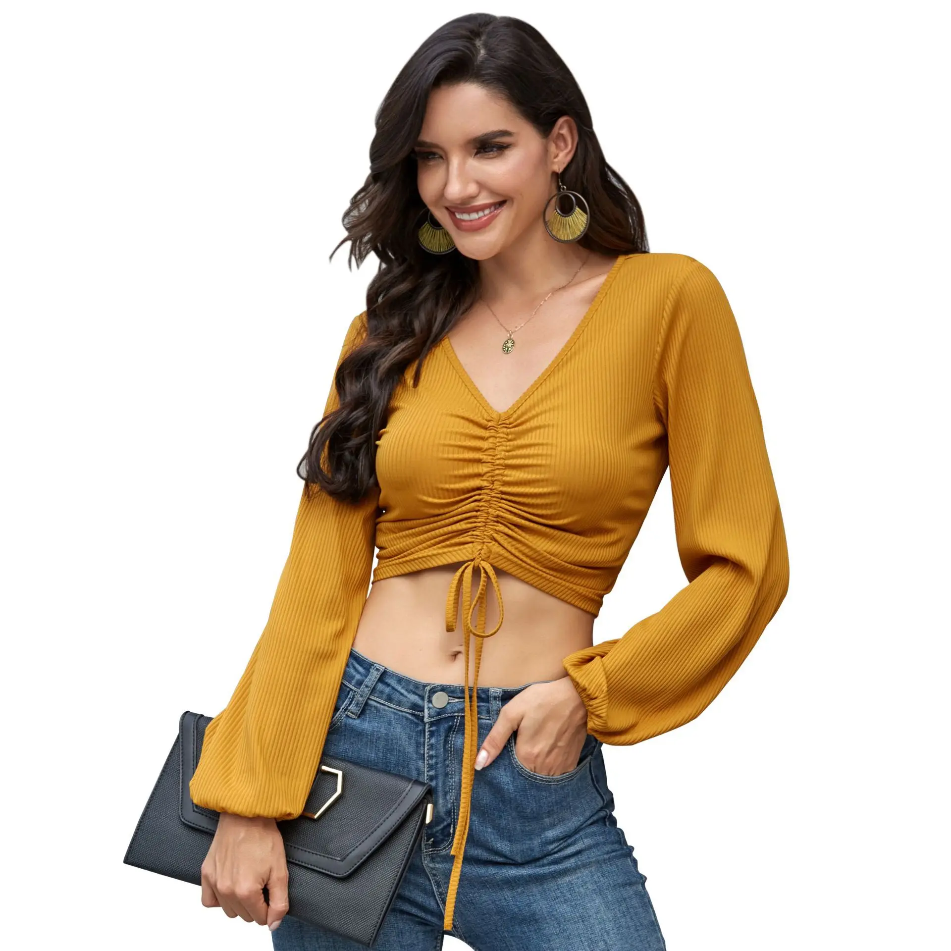 Женская футболка с длинным рукавом глубоким V-образным вырезом | одежда