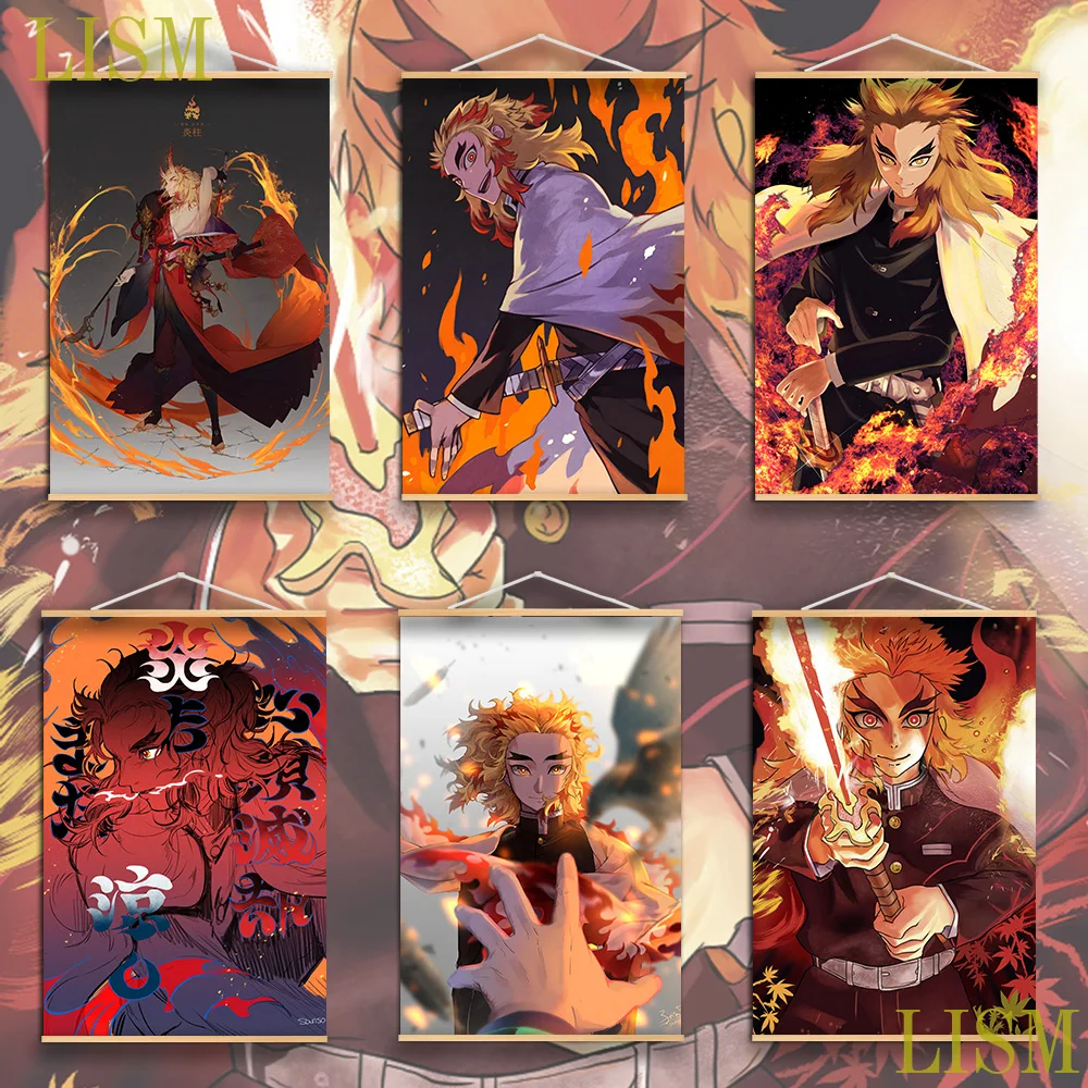 

Demon Slayer Kimetsu no Yaiba Rengoku Kyoujurou Anime Poster manga picture with solid wood hanging scroll for canvas painting