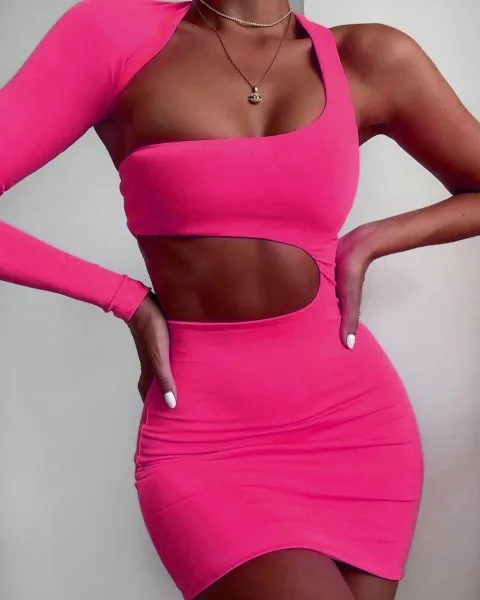 

Women Mini Party Dress Fashion dresses Female One Shoulder Long Sleeve Green Rose Red Bodycon Bandage Dress Backless Vestido