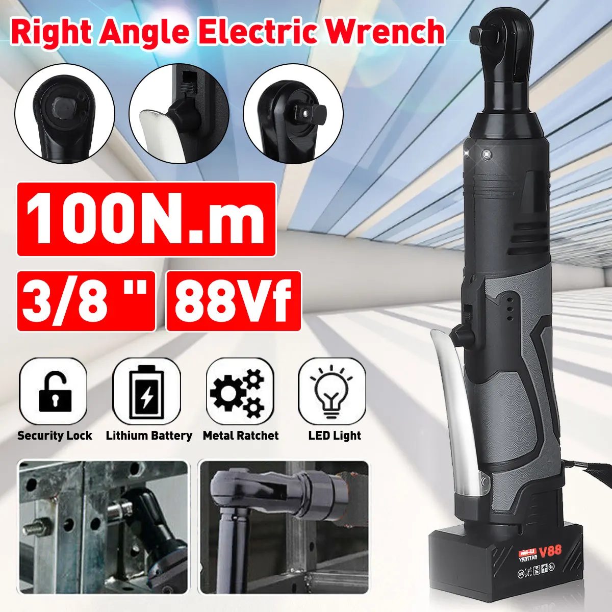 

100N.m Cordless Electric Wrench 88VF 3/8" Ratchet Right Angle Wrench with 2 Batteries 90 Degree Angle Drill Screwdriver Wrench