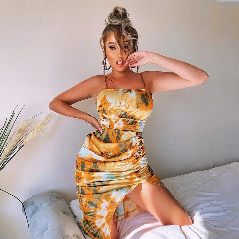 

Women Suspender Strap Dress Fashion Tie Dye Print Off-Shoulder Slim Fit Pleated Split Dress Ladies Bodycon Sundress