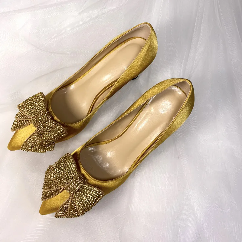 

Rhinestone chunky high heel shoes women pointed toe bling bling crystal bow-knot decor gold pumps satin Sexy party bride shoes