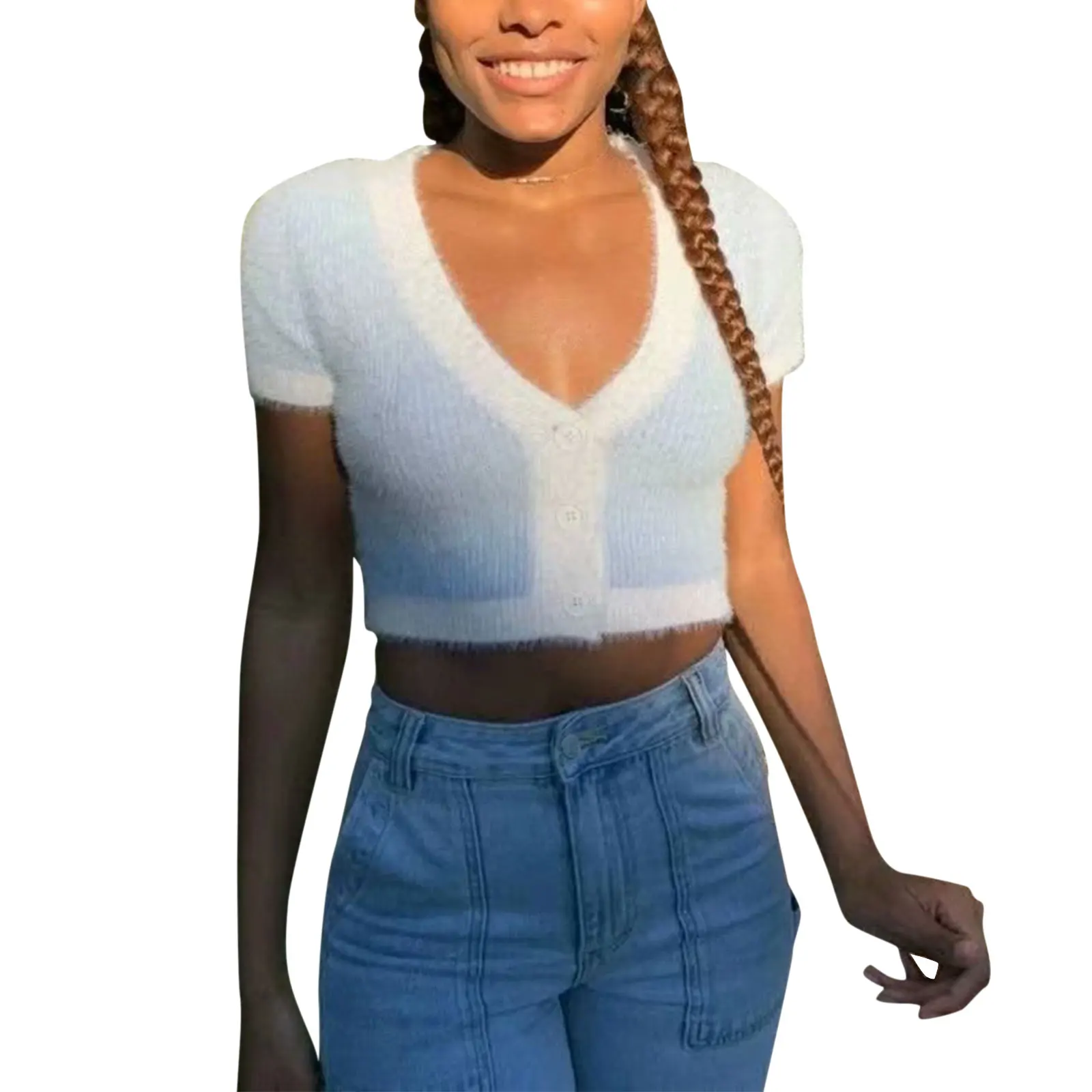 

Women Color Block Crop Top, Adults Casual Short Sleeve V-Neck Button Down Cardigan,leisure wear/apparel/valentines day