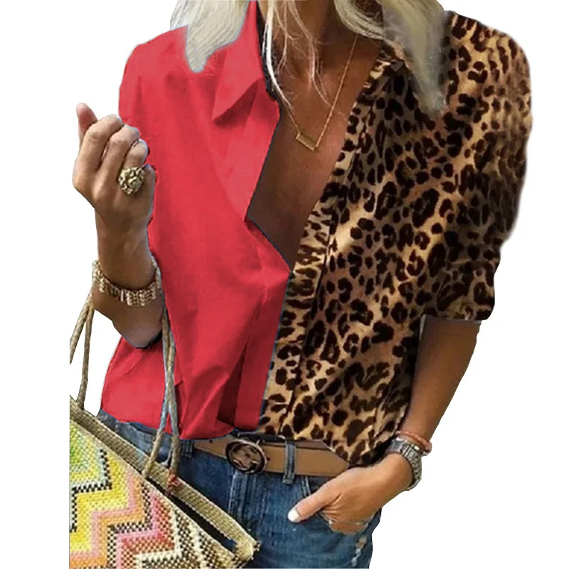 

Plus Size Leopard Stitching Shirt Loose Casual Long Sleeve Autumn Sexy Low-Cut Turn Down Collar Women Shirts Street Blouse Tops