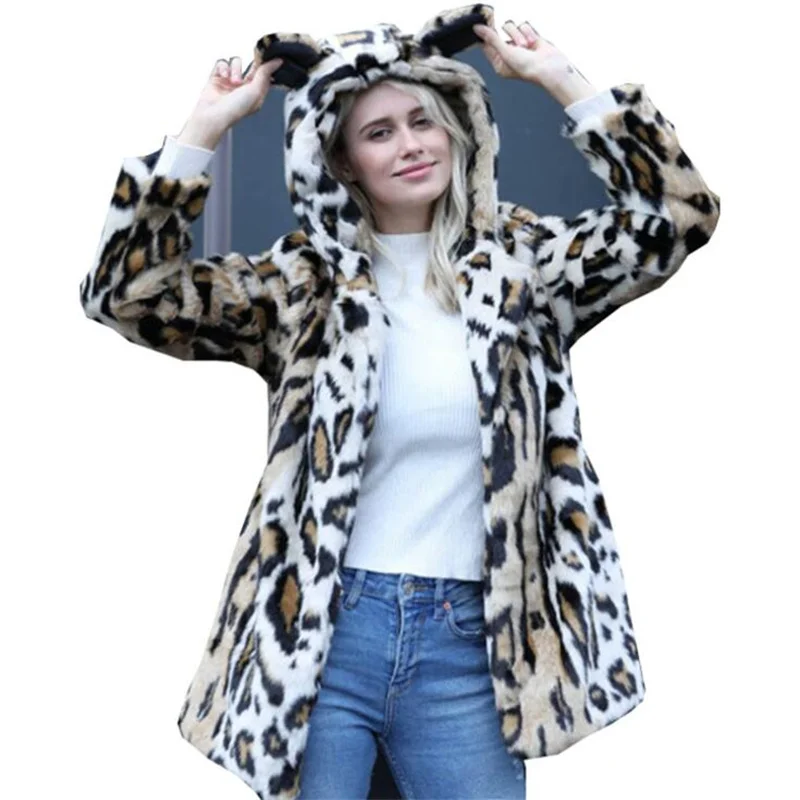 New ladies fur coat womens fashion leopard print hooded imitation mink fur clothes warm leather jacket autumn winter