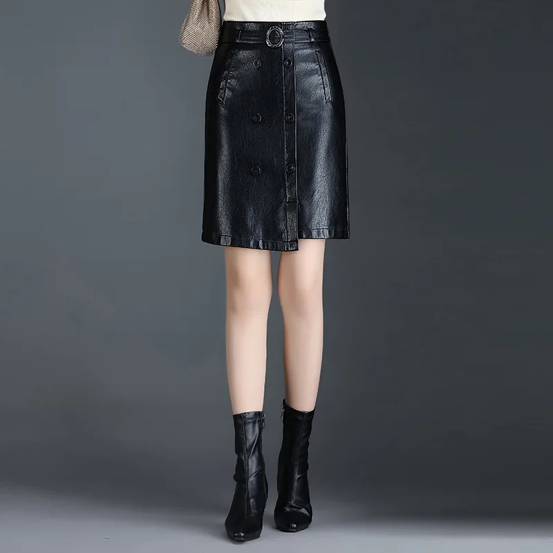 

Women High Waist Black PU Leather Bodycon Skirt Autumn Winter Office Lady Elegant Slim Casual Irregular Pencil Skirts 8617