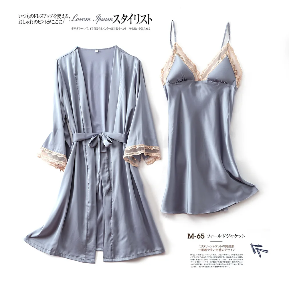 

Wedding Robe Set Faux Silk 2 Piece Women Sexy Bride Bridesmaid Kimono Nightgown Lace Trim Nightdress Gown Casual Sleepwear