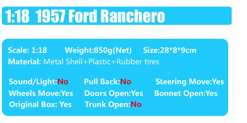 1:18 весы большой классический старый 1957 Ford Ranchero пикап грузовик, отлитый под давлением игрушечная машина модели автомобилей станция вагон для сбора подарка