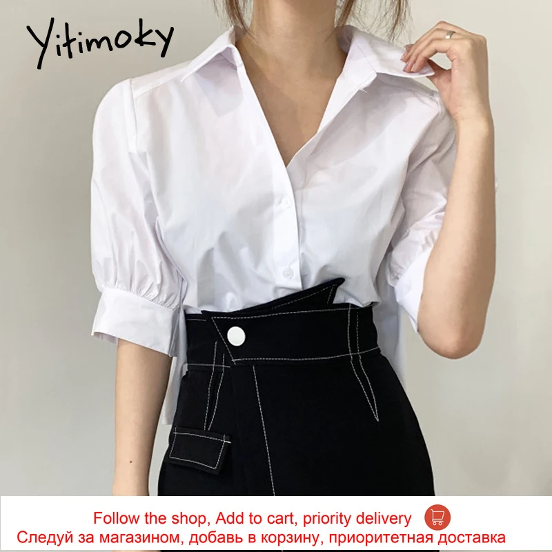 

Yitimoky Simple Women Shirts Ruched Turn-down Collar 2021 Summer Korean Cotton Single Breasted Puff Sleeve Office Lady Blouse