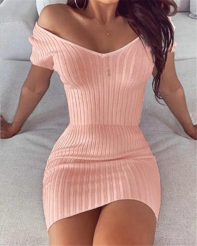 

Summer Explosion Dress Sexy Temperament V-neck Solid Color Slim Knit Dress White Pink Plus Size Dress for Women