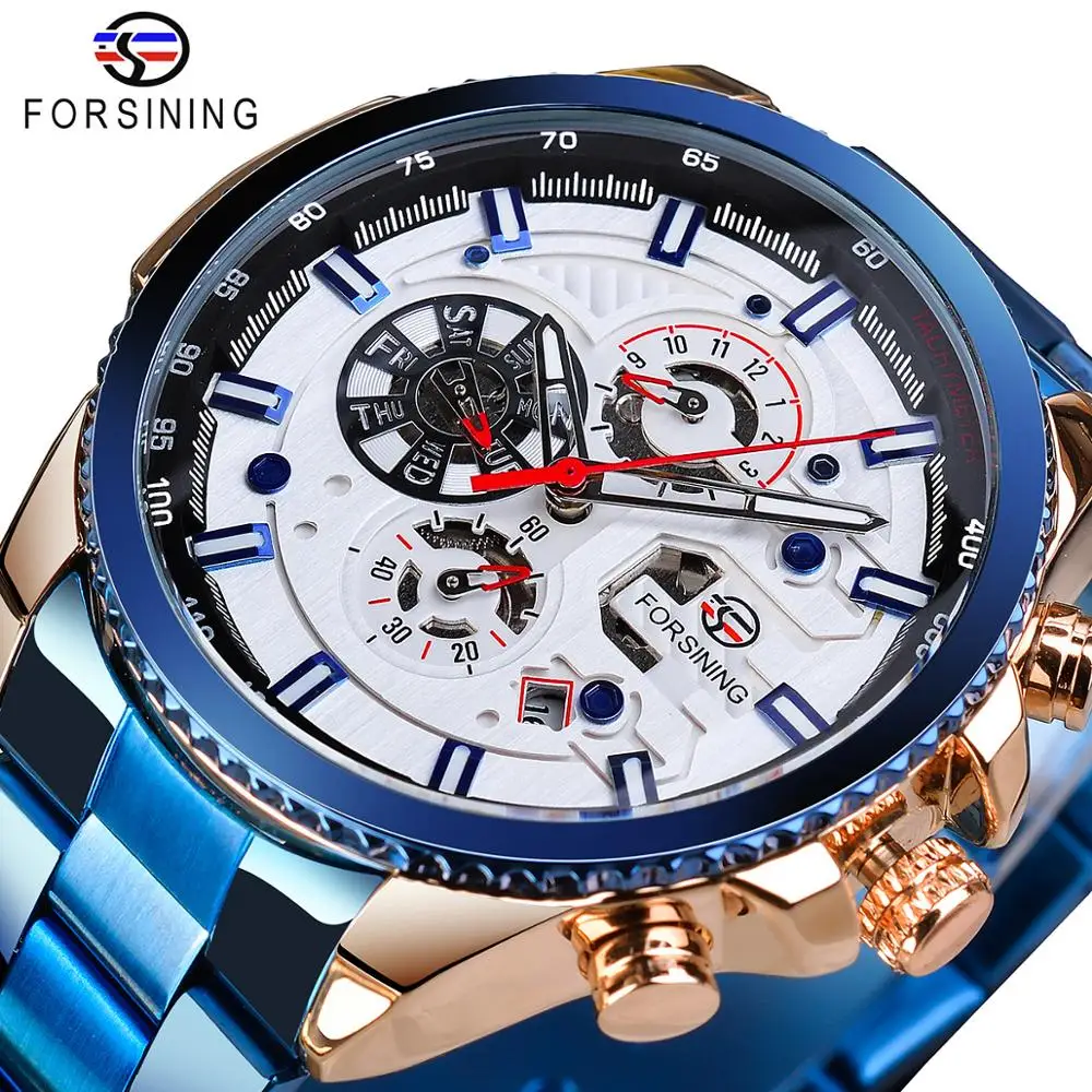GMT1137-12 Forsining, лидер продаж, механические Автоматические Мужские часы, черные, нержавеющая сталь, водонепроницаемые, с календарем, 3 циферблата, модные, деловые, мужские часы - Цвет: GMT1137-12