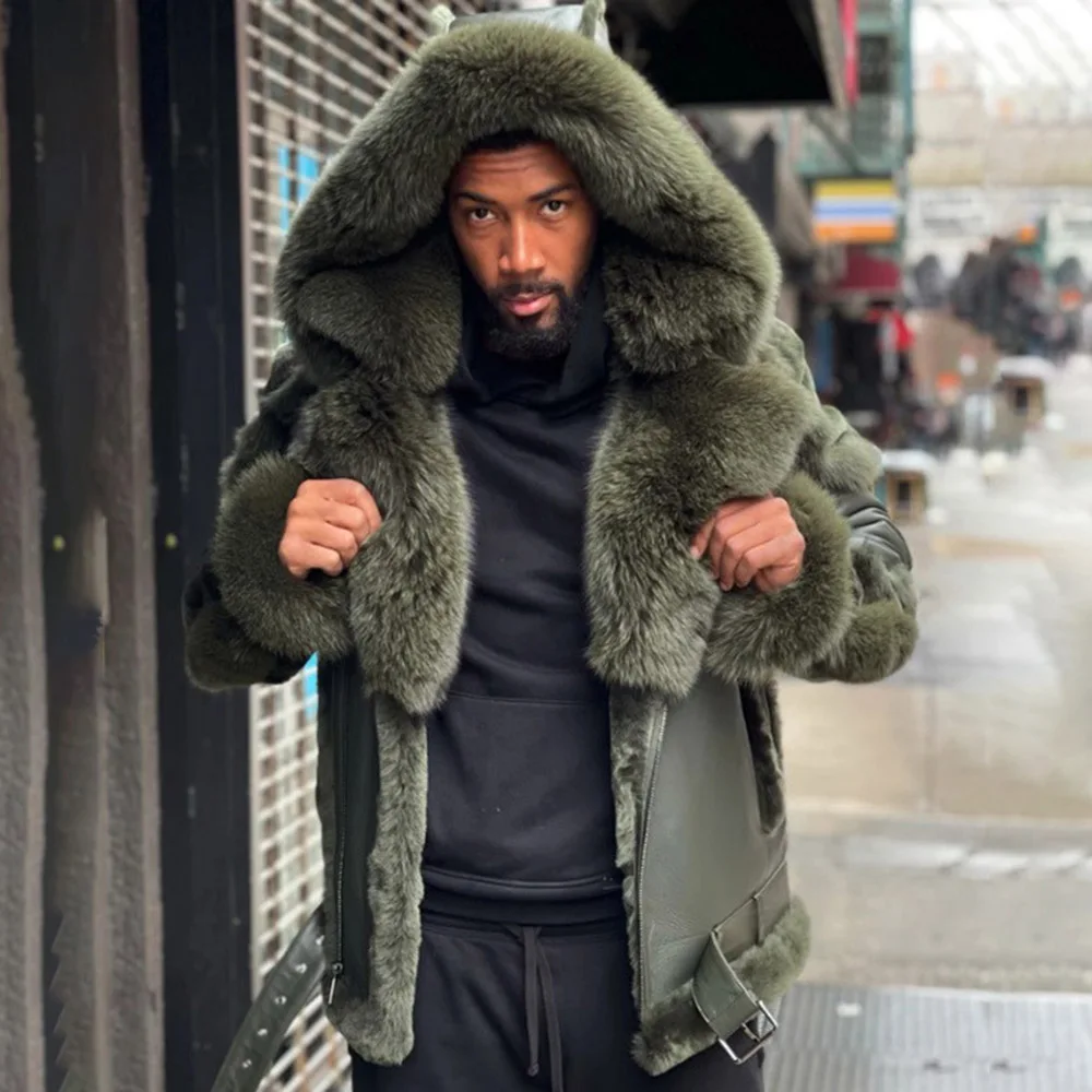 

2021 Autumn Winter Mens New Leather Jacket Green Fur Collar Hooded Thicken Warm Long Sleeve Plus Velvet Mens Faux Fur PU