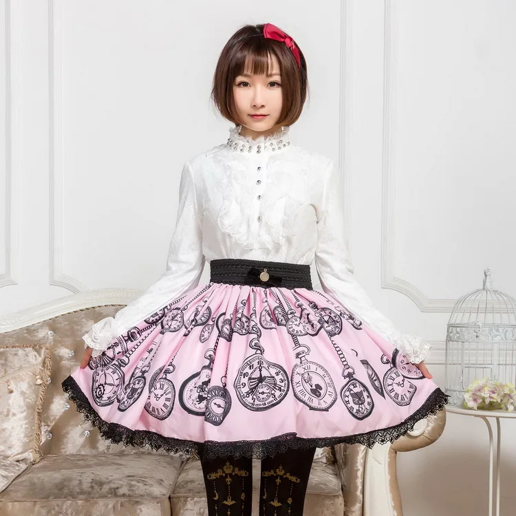 

Summer Female Lolita Skirt Lace Sweet Pink Alice Clock Printing Women Pleated Soft Sister Princess Pink Lovely Plus Size Bottoms