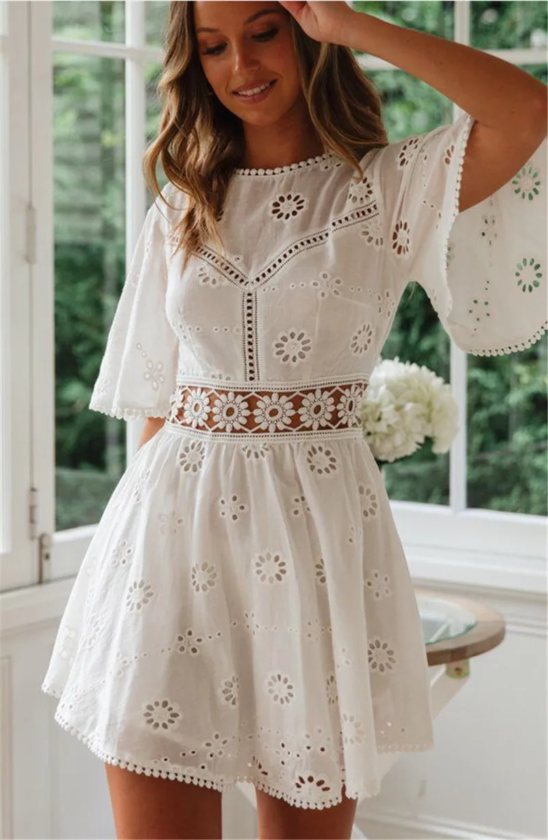 

Summer Women Casual Beach Dresses White O Neck Short Sleeve Floral Hollow A-line Mini Dress Ladies Fashion Vacation High Waist