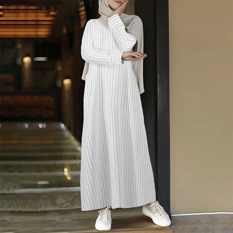 

Arabic Abaya Kaftan Islamic Ramada Prayer Women Gown Dubai Turkey Striped Casual Retro Fashion Linen Robe Dress Muslim Clothing
