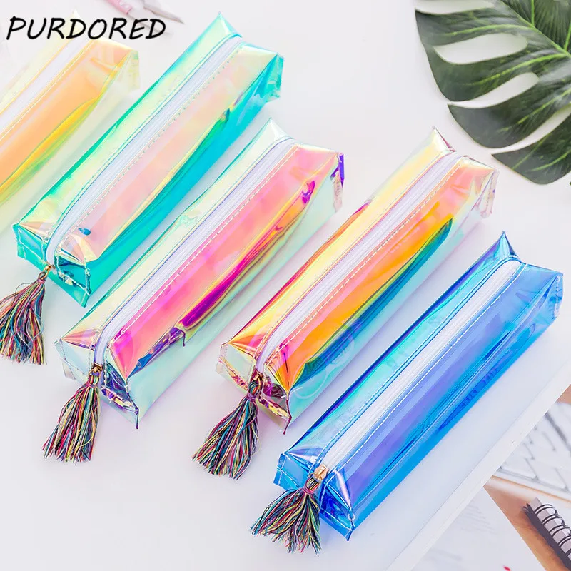 PURDORED 1 шт. Лазерная кисточка Макияж сумка ПВХ прозрачная сумка-косметичка голограмма голографическая Макияж сумка переливающийся джинсовый пенал