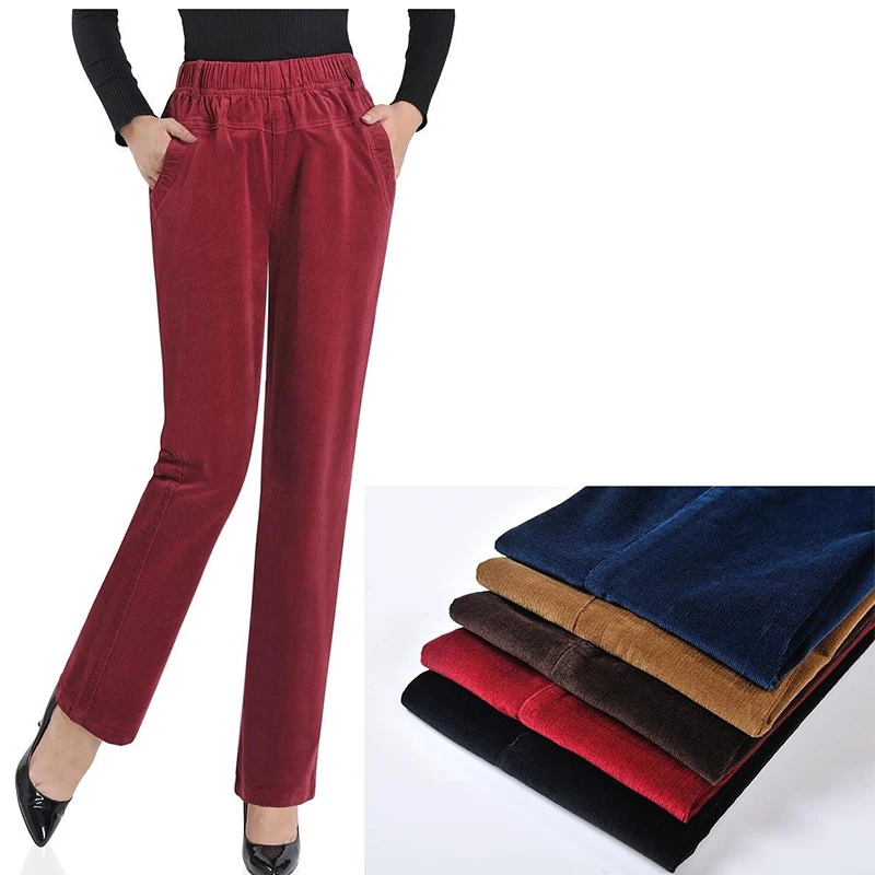 

Plus size L-5XL Corduroy Straight Pants For Ladies Casual Elastic waistline Mom vintage solid Pants basic Women Trousers