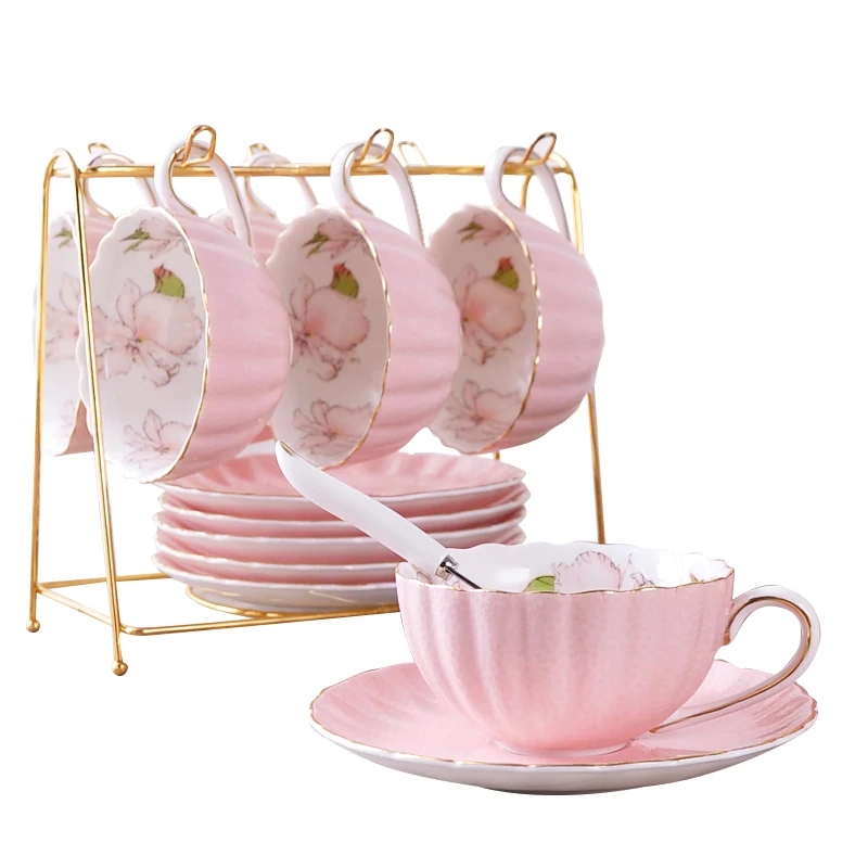 

British Style High-Grade Bone China Coffee Cup Pastoral Afternoon Tea Ceramic Tea Black Tea Cup Dish Spoon Pumpkin Cup Pink Roma