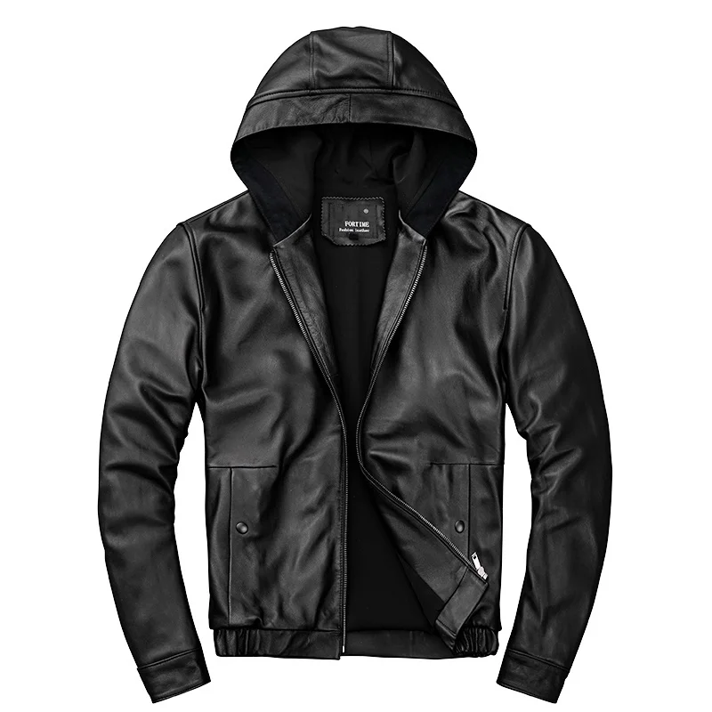 

Men's 100% Hooded Genuine Sheepskin Motorcycle Black Coat Male Hoodies Clothes Spring Hat Leather Jacket Men