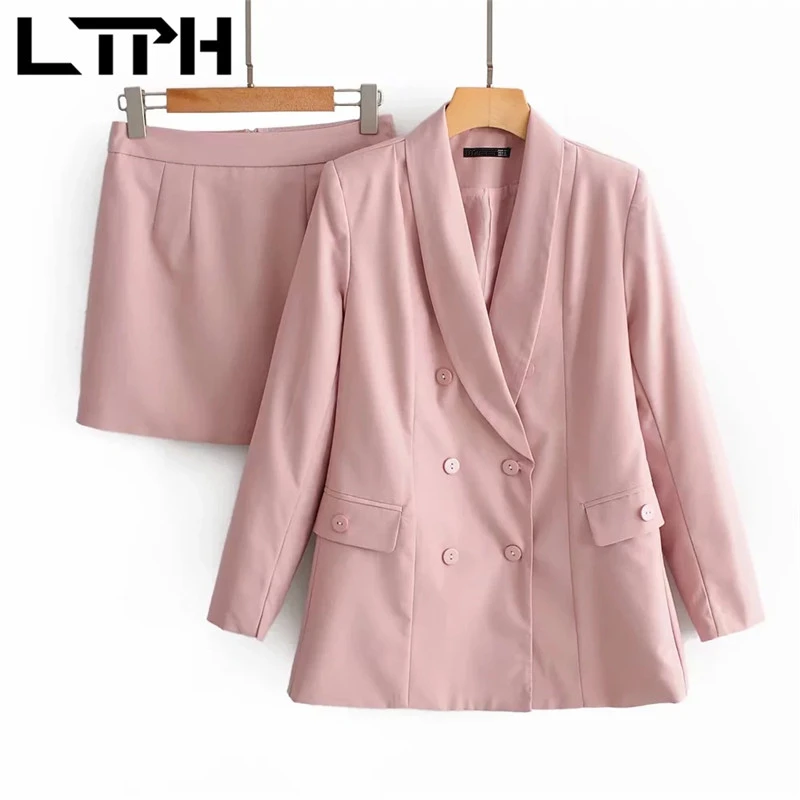 LTPH-Conjunto de 2 piezas de chaqueta con doble botonadura para mujer, traje de señora de oficina, color rosa, paquete de cintura alta, falda a la cadera, primavera 2021