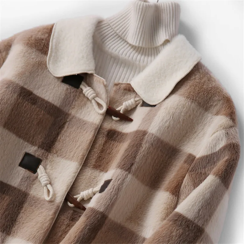 

Temperament Check Woolen Coat Women's Autumn And Winter Clothing New Long Coat Ladies Casual Stitching Horn Buckle Fur One B005