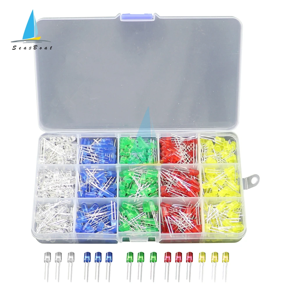 

500pcs/Box 5mm LED Diode Assorted Kit White Green Red Blue Yellow DIY Light Emitting Diode