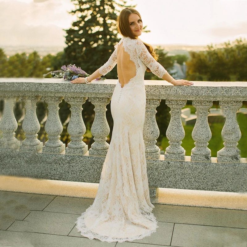 Кружевное Ажурное белое сексуальное платье с длинным рукавом и открытой спиной