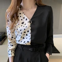blouse womens 2022 autumn long sleeved elegant chiffon v neck ladies tops beading casual leopard blusas femininas shirts 0789
