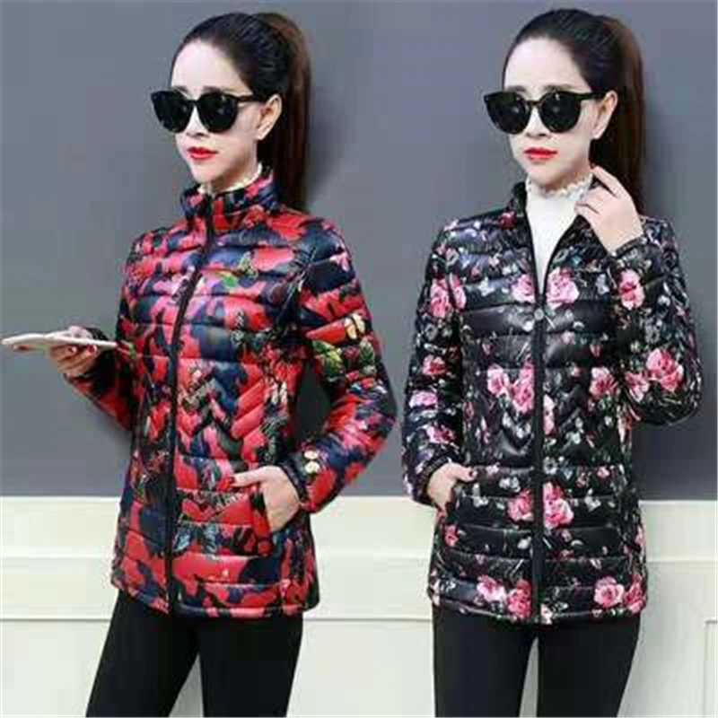 

2021 Winter Fashion New Short Stand-Up Collar Long-Sleeved Slimming Light And Warm Printed Cotton-Padded Jacket Women's Coat