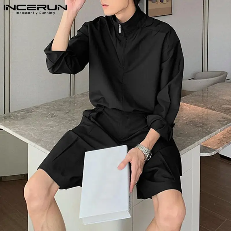 

2021 INCERUN Japanese Korean Style Long Sleeves Shorts Bag Suit Men's Suits Handsome Trendy Temperament Fried Street Men's Sets