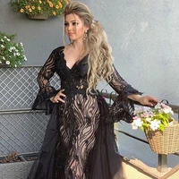 mermaid evening dresses black lace appliqued detachable train long sleeves sexy v neck formal prom party gown big size for women