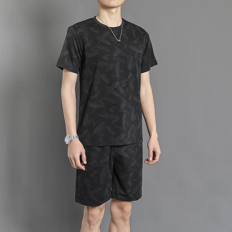 

Men Clothing 2021 Men's Thin Ice Silk Sports Suit Summer Breathable Stretch Men's T-shirt Sports Casual Shorts Two-piece Suit