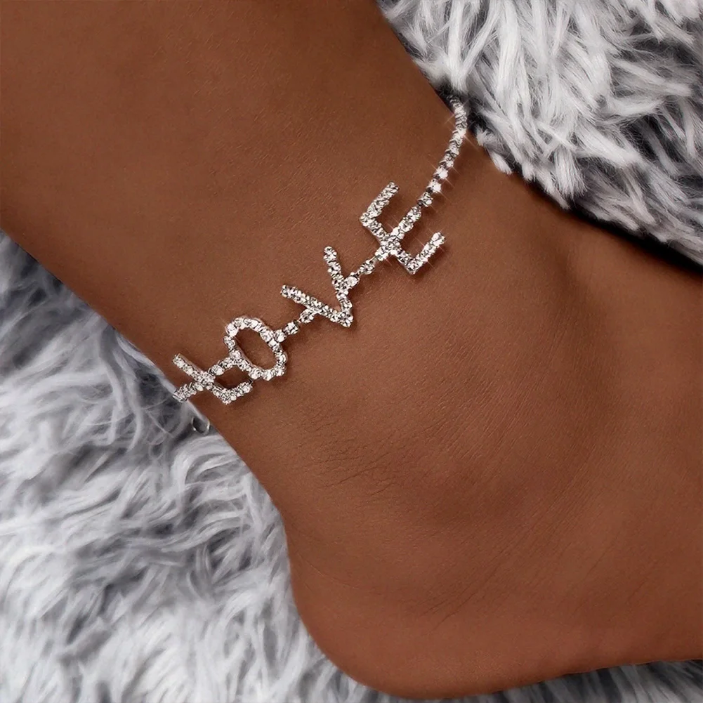 

New Gold Silver Color Crystal Tennis Anklets Bracelet for Women Fashion Letter LOVE Rhinestone Leg Chain Sandals Foot Jewelry