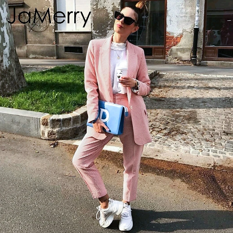 JaMerry винтажный Повседневный женский розовый клетчатый Блейзер костюм осень